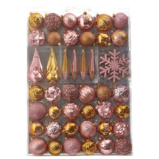 52ct. 6&#x22; Pink &#x26; Gold Shatterproof Ornament Set